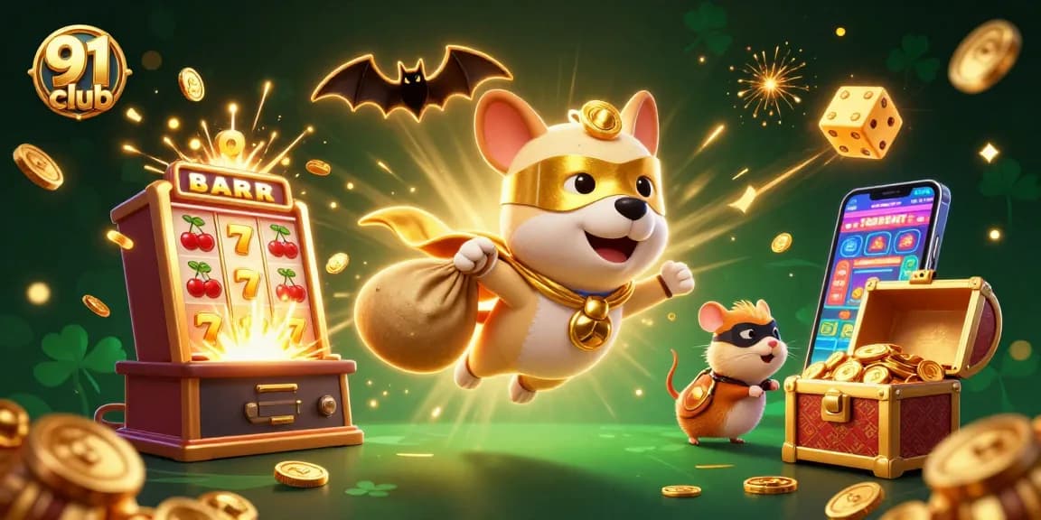Win big with the 91 club as a superhero dog flies with coins and casino symbols!