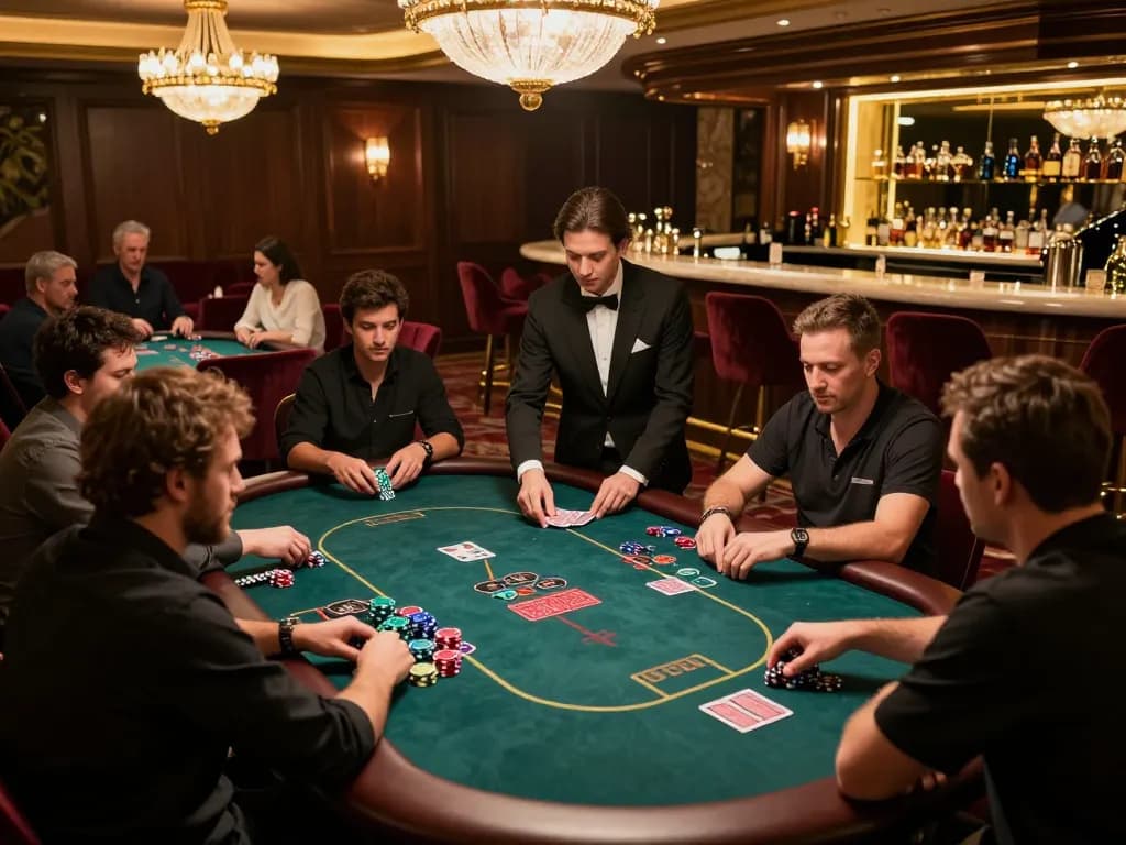 RR88 players strategizing at an elegant poker table in a luxurious casino environment.