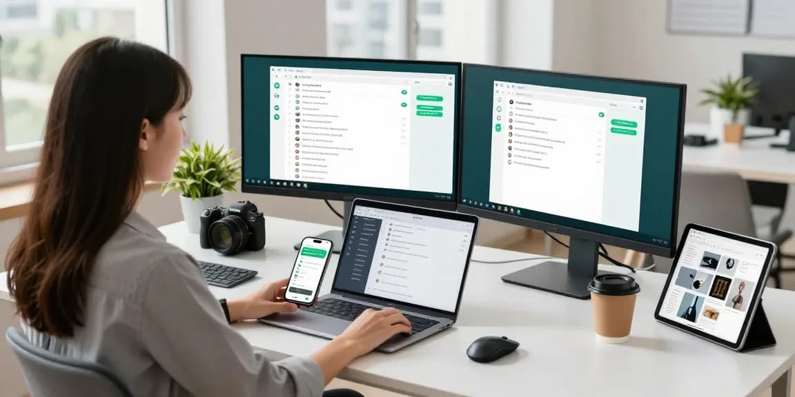 Dynamic workspace featuring WhatsApp網頁版 on dual monitors, reflecting a modern tech environment.