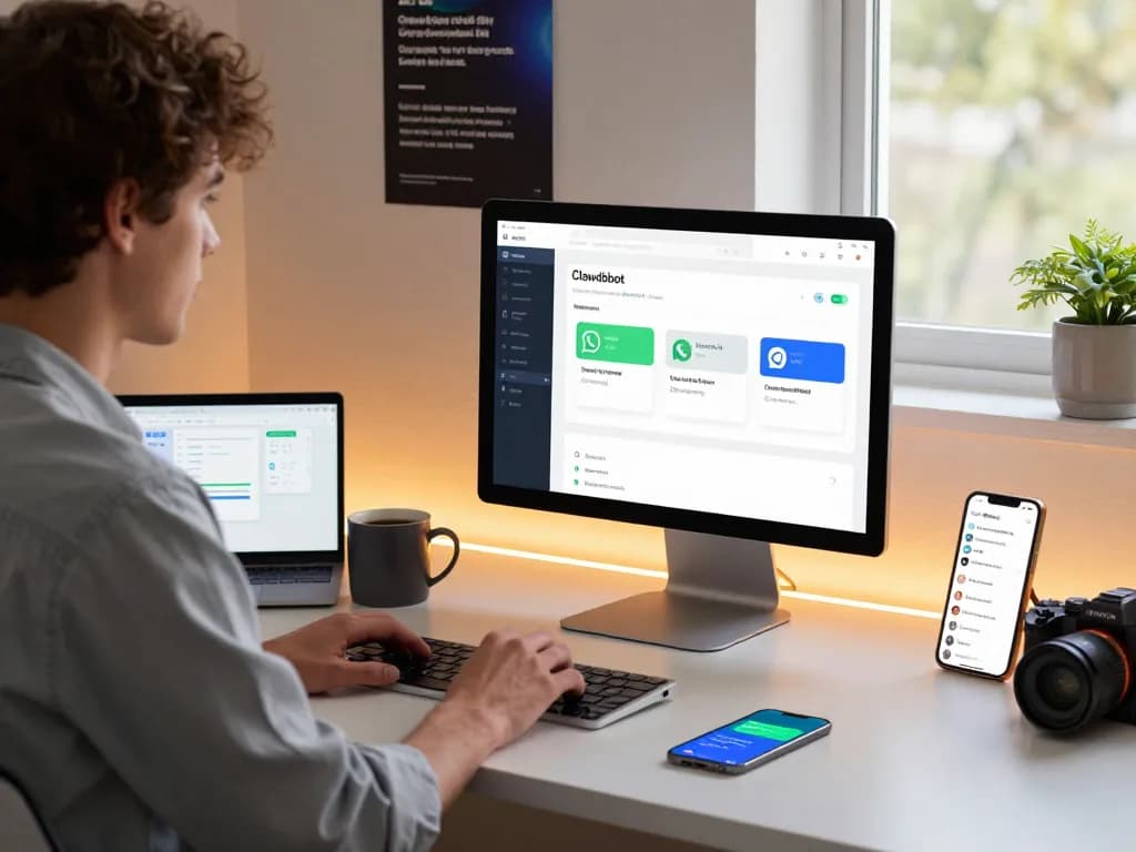 Engaged user utilizing Clawdbot mac interface on a stylish desk, showcasing AI productivity tools.