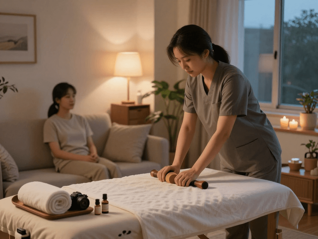 Experience 오산출장안마 in a calming home setting with a professional therapist preparing for a soothing massage session.