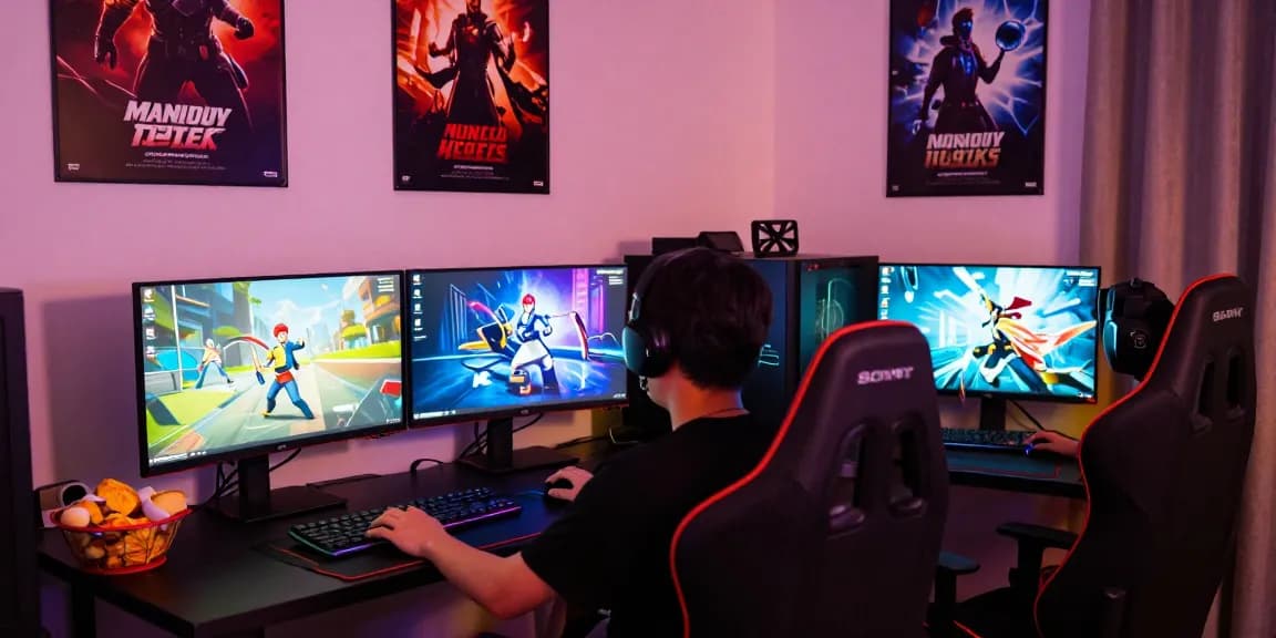 Immersive gaming setup showcasing a person playing nsfw apk games with vibrant RGB lighting and dual monitors.