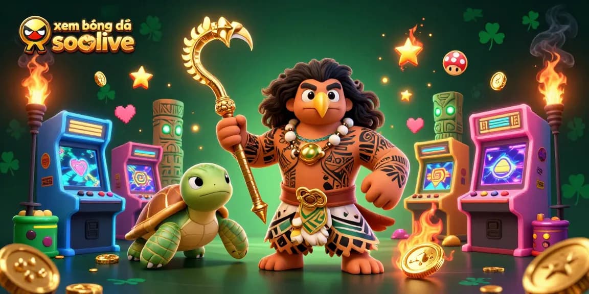Watch xem bóng đá socolive with vibrant 3D casino elements, including golden fish hooks and gaming machines.