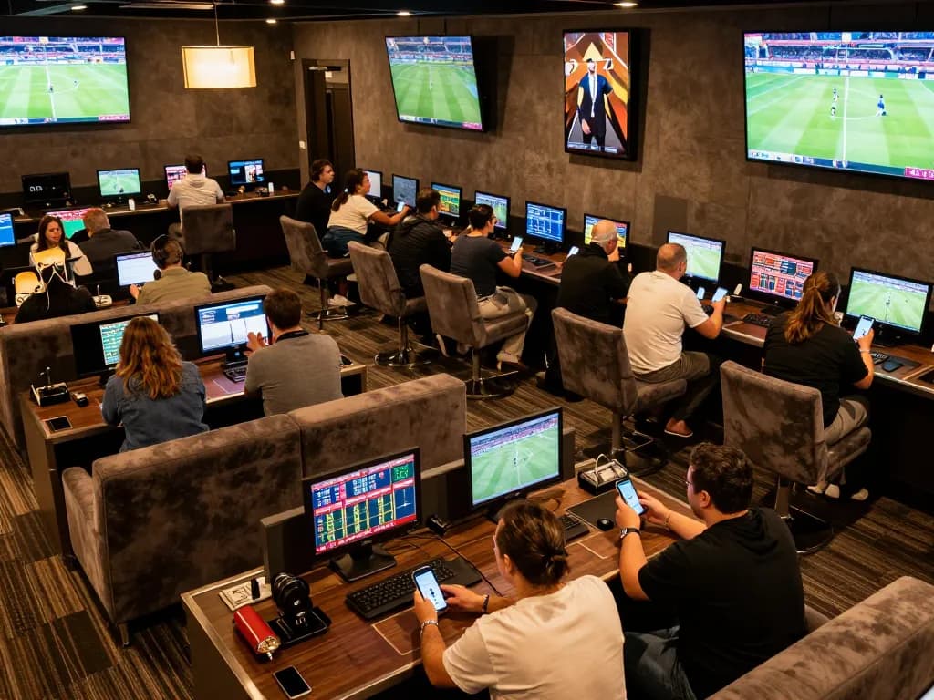 Engaged players placing bets in a vibrant sports betting lounge for keo nha cai games