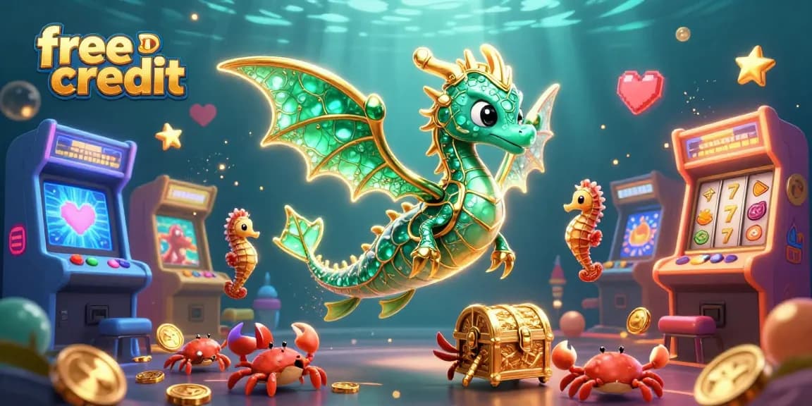 Experience free credit promotions with a vibrant 3D dragon scene immersed in an underwater casino.
