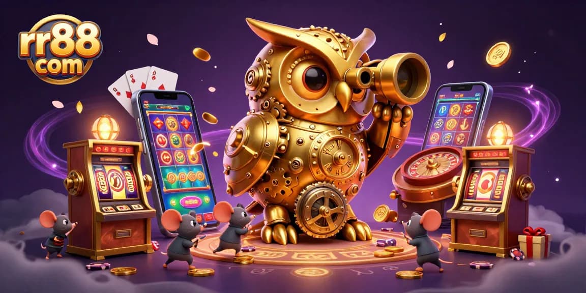 Spin and win at rr88 com with the enchanting clockwork owl overseeing the vibrant casino floor.
