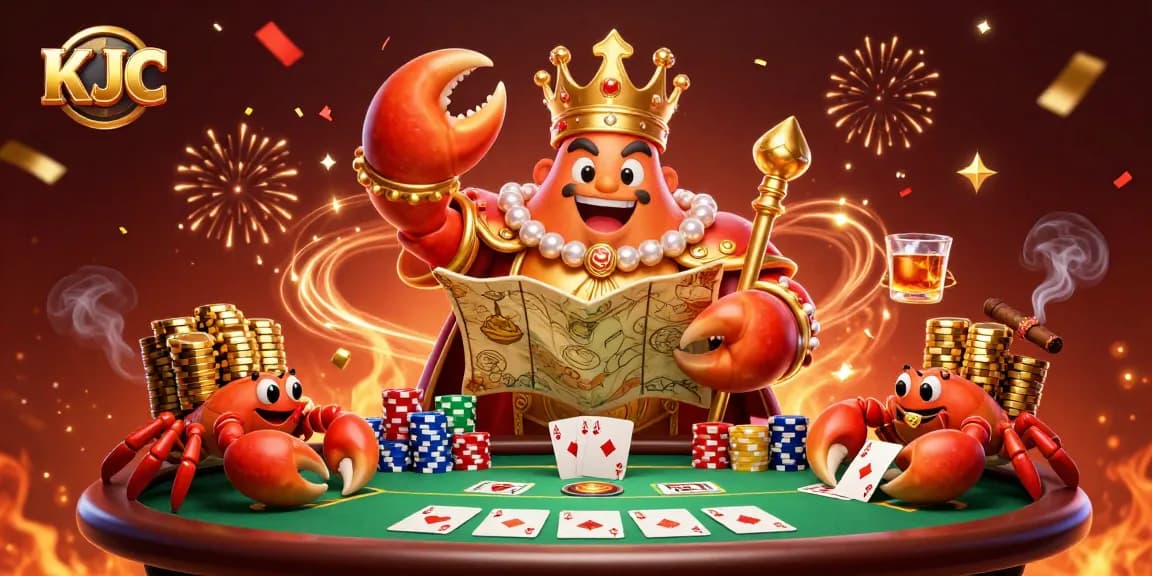 KJC showcases a vibrant scene with a golden crab emperor holding a scepter amidst a bustling poker game