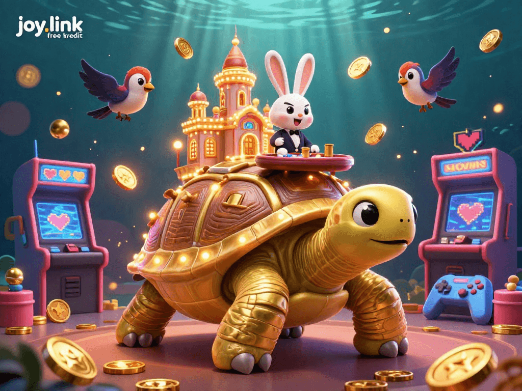Join the excitement with joy.link free kredit at a colorful casino scene of a golden tortoise and a rabbit dealer.