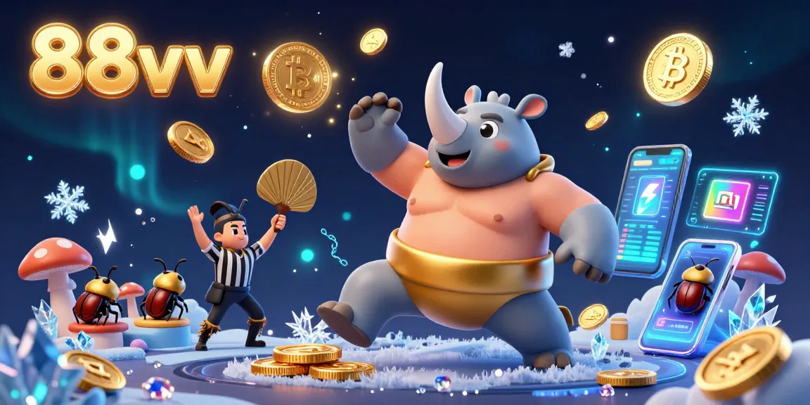 88vv presents a thrilling scene of a sumo beetle champion amidst floating Bitcoin and Ethereum coins in a dynamic crypto casino.