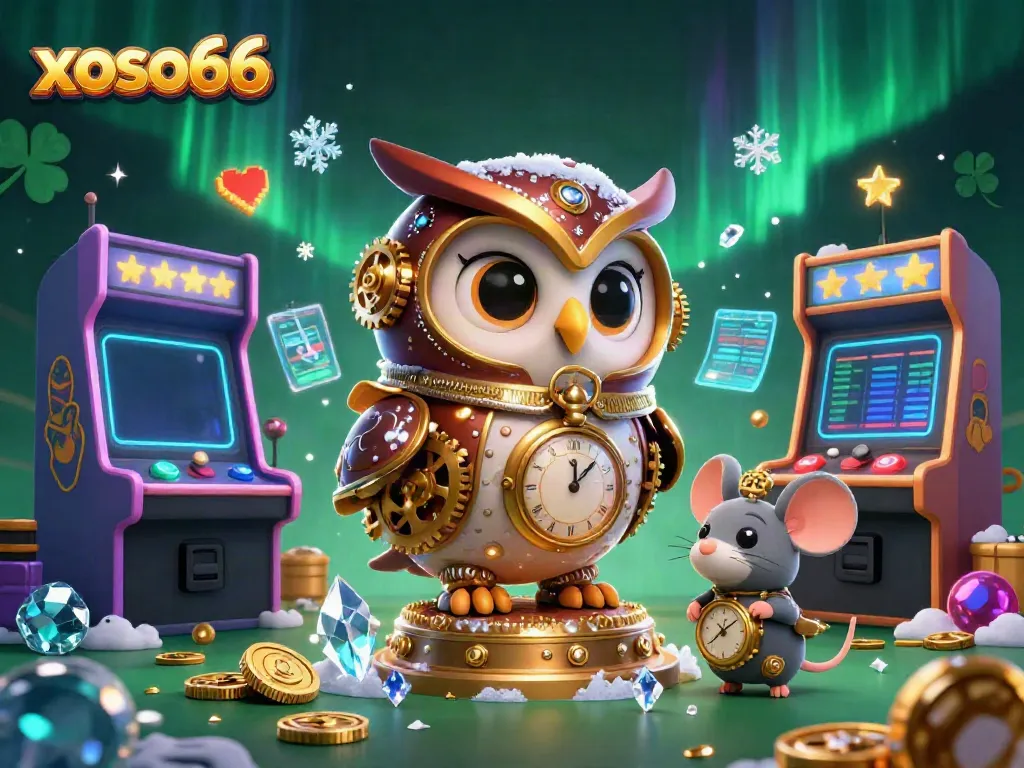 Engage in the xoso66 experience with a vibrant 3D casino scene showcasing time-traveler characters amidst arcade elements.