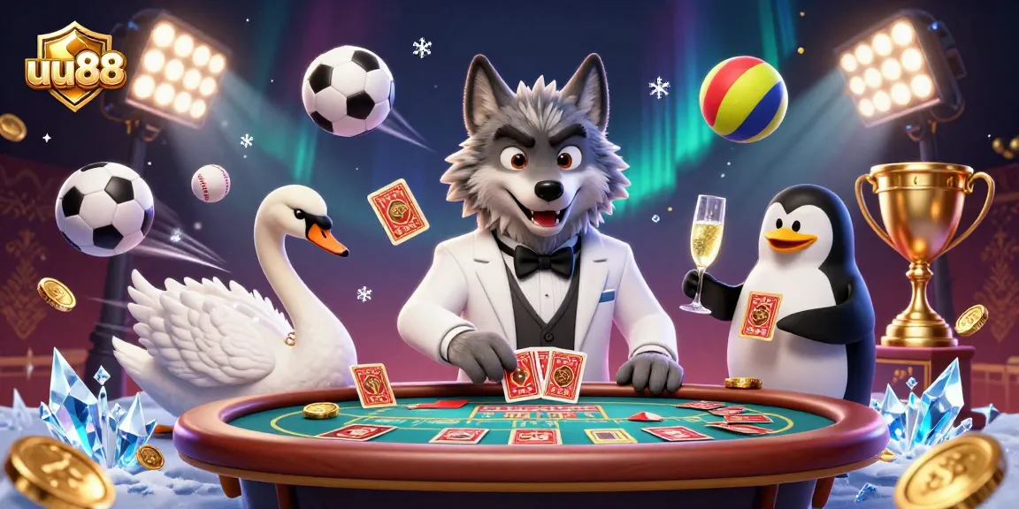 uu88 gamblers enjoy high-stakes baccarat with elegant characters surrounded by dynamic sports elements.