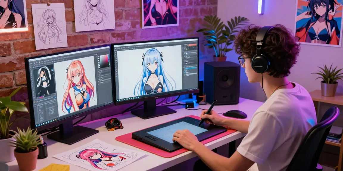 AI ecchi character design workspace showcasing colorful digital art tools and creative atmosphere.