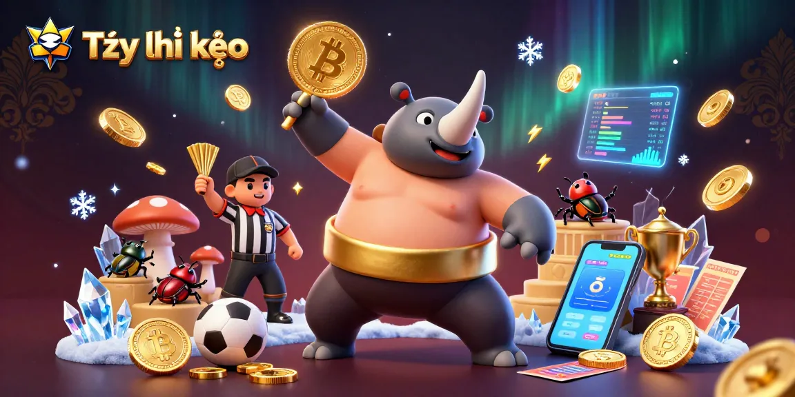 Tỷ lệ kèo displayed as a vibrant illustration featuring a beetle champion in a dynamic sports betting scene with gold coins.