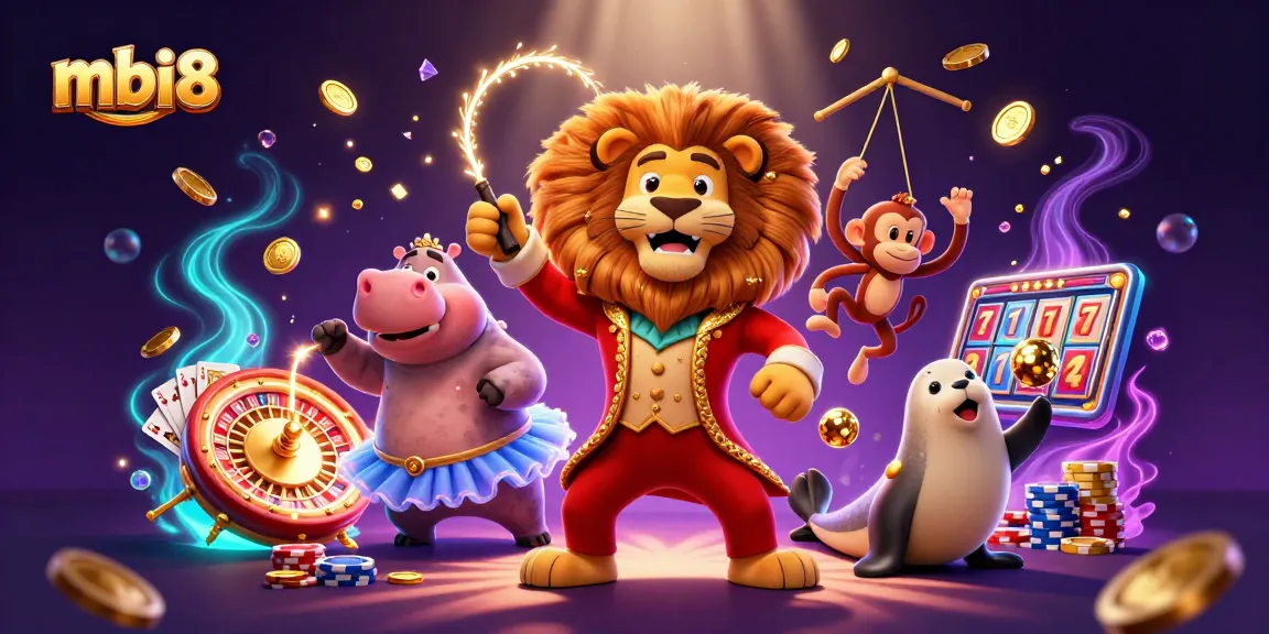 Engage with thrilling MBI8 casino action featuring vibrant 3D characters and games in a dazzling scene.