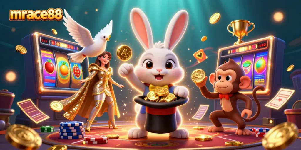 Experience the excitement of mrace88 with a dynamic scene of characters in a thrilling casino atmosphere.