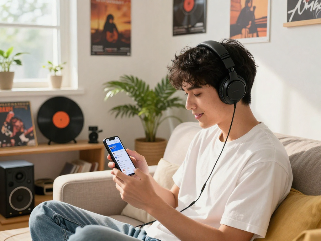 使用汽水音乐下载,享受流行音乐的年轻人坐在现代家居环境中。