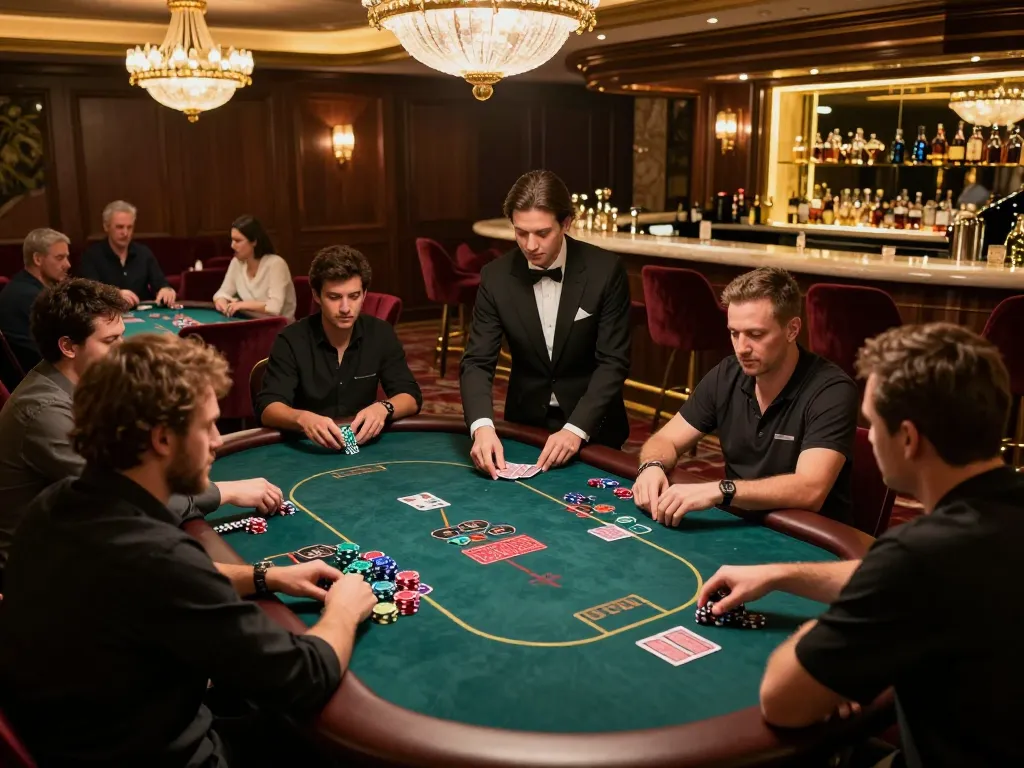 RR88 players strategizing at an elegant poker table in a luxurious casino environment.