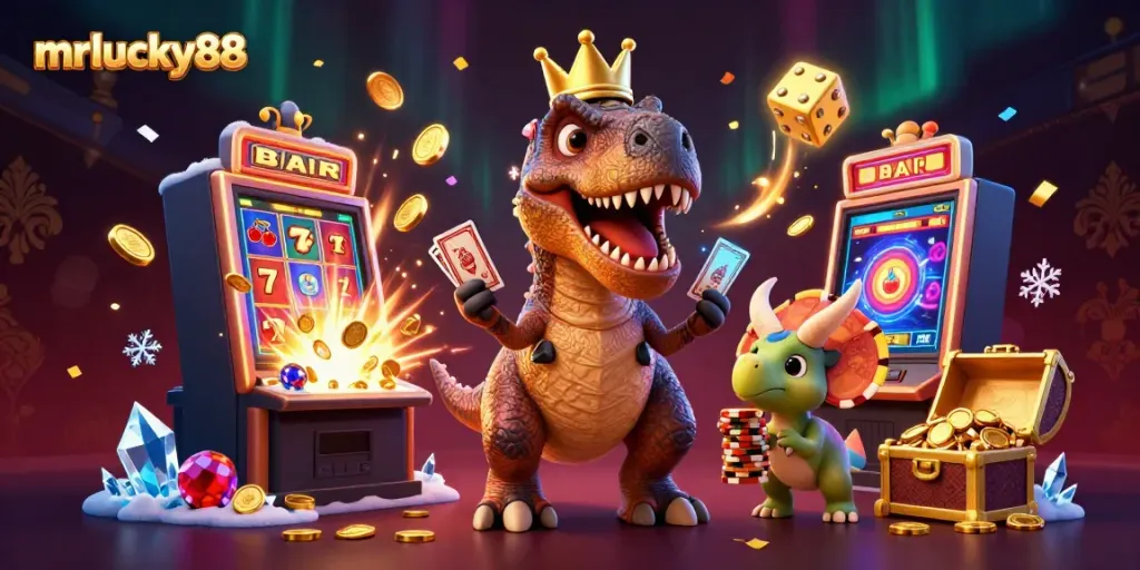 Enjoy exciting mrlucky88 gameplay with a T-Rex, pterodactyl, and triceratops in a vibrant casino atmosphere.