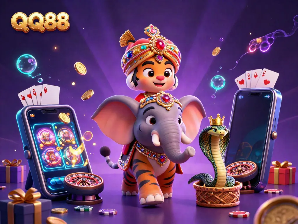 Experience thrilling gameplay at QQ88 with a dynamic 3D casino scene showcasing a royal tiger and his elephant amidst vibrant game elements.