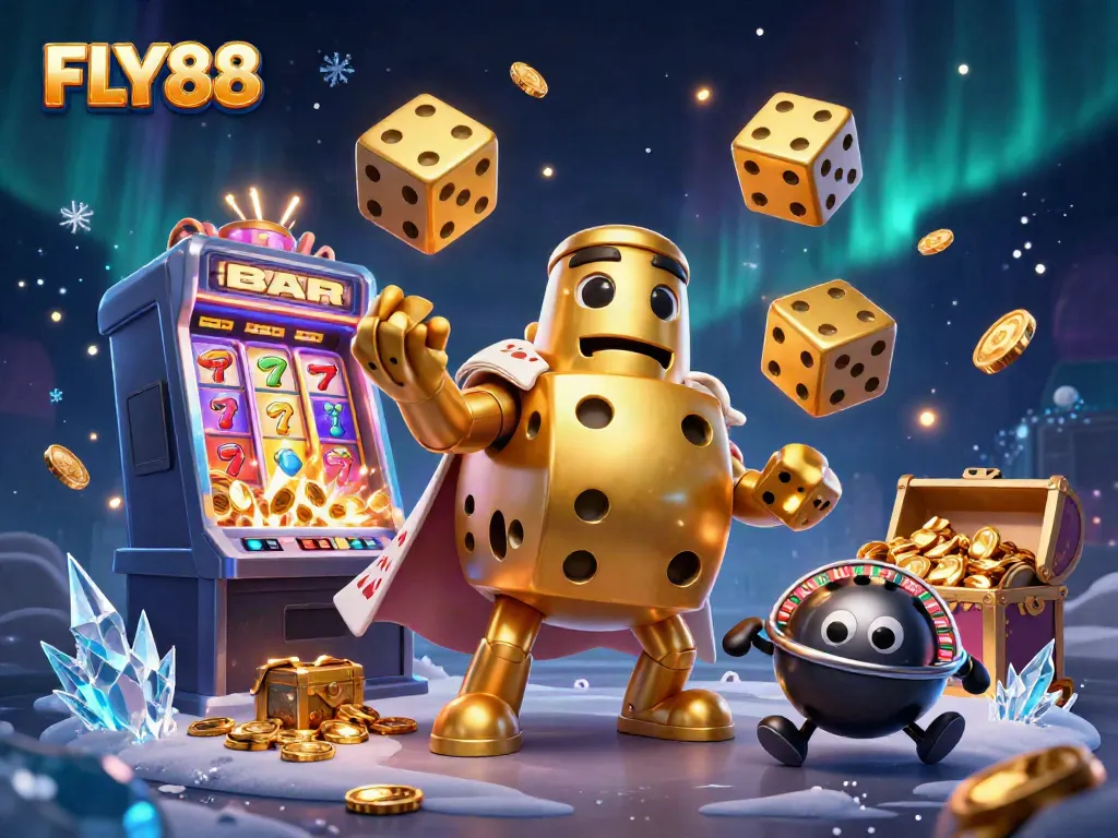 FLY88 showcases an exciting online casino scene with dynamic golden dice and vibrant slots exploding with rewards.