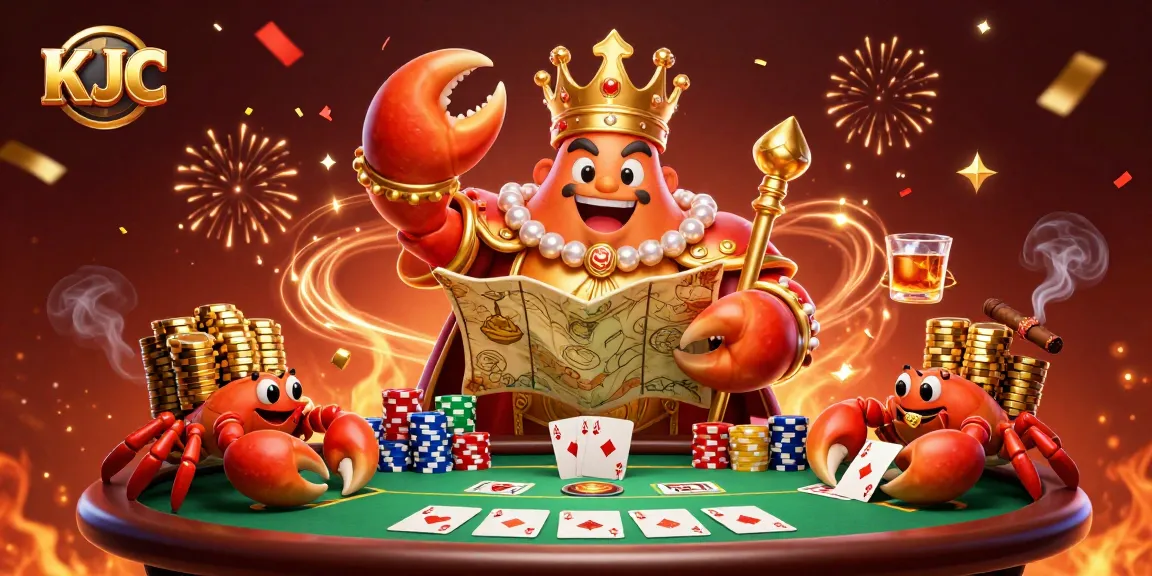 KJC showcases a vibrant scene with a golden crab emperor holding a scepter amidst a bustling poker game