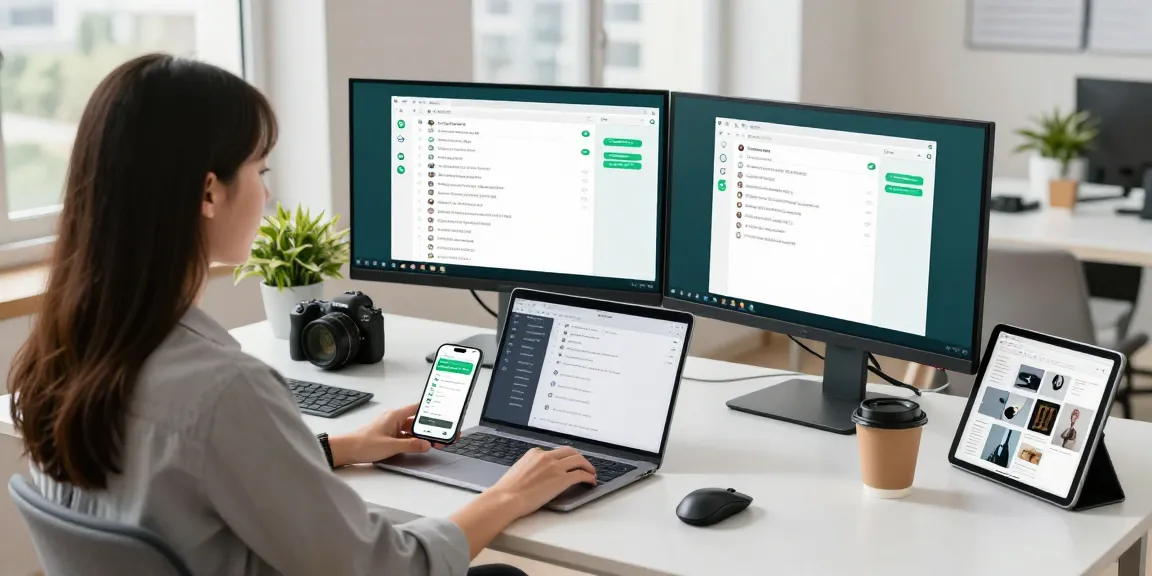 Dynamic workspace featuring WhatsApp網頁版 on dual monitors, reflecting a modern tech environment.