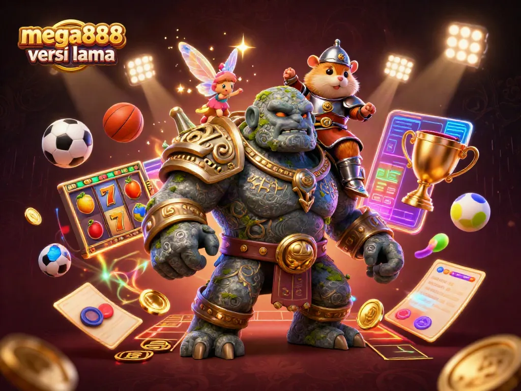 Engage with the exciting world of mega888 versi lama featuring a mystical golem and a knight.