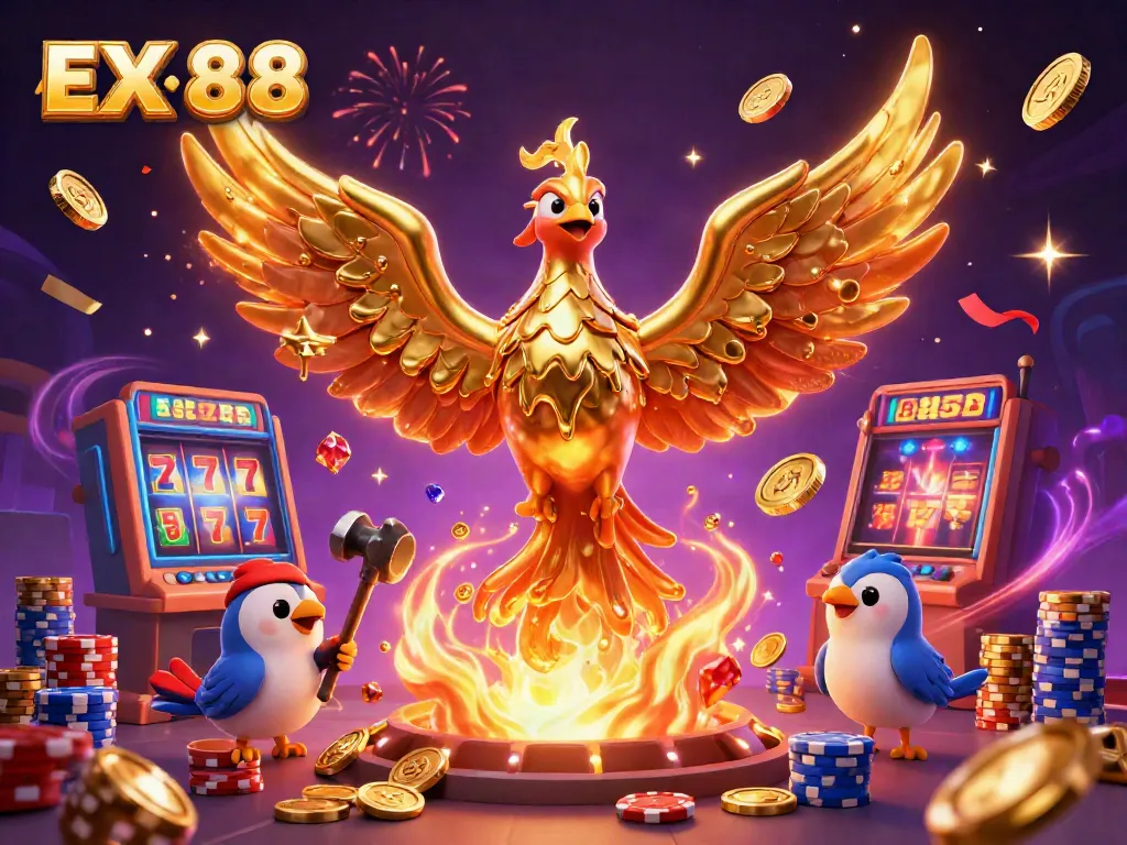 Win big with EX 88 as a stunning golden phoenix soars amidst vibrant casino elements.