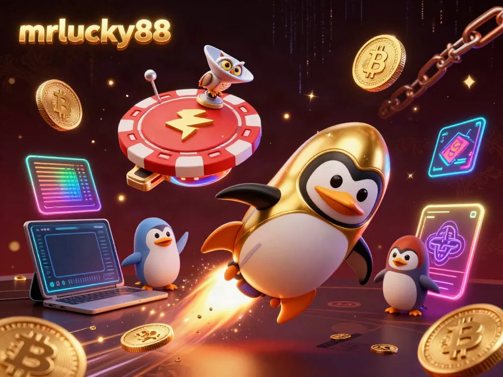Experience excitement at mrlucky88 with a dynamic 3D scene featuring a golden penguin and casino elements.