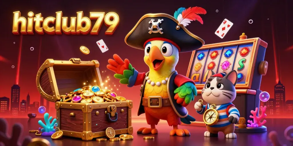 Experience thrilling adventures with hitclub79 as a vibrant scene featuring a treasure-filled casino illustration comes to life.