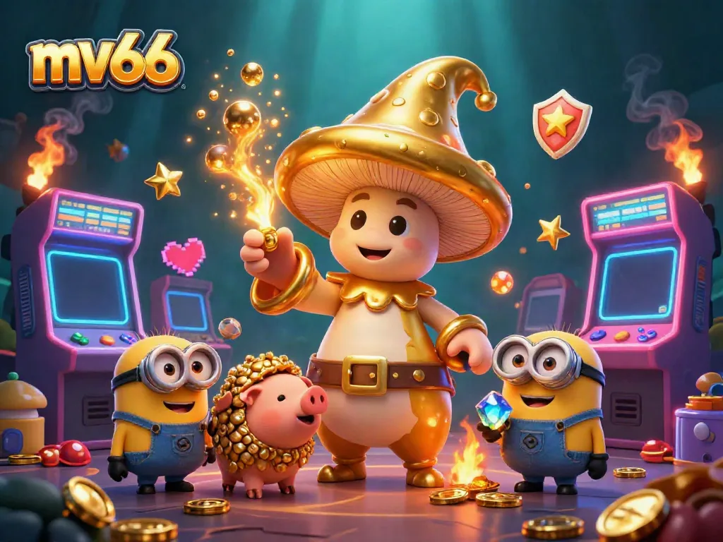 Experience the magic of mv66 with a whimsical illustration of a wizard and treasure in a vibrant casino environment.