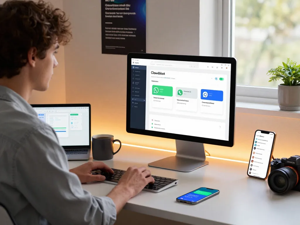 Engaged user utilizing Clawdbot mac interface on a stylish desk, showcasing AI productivity tools.