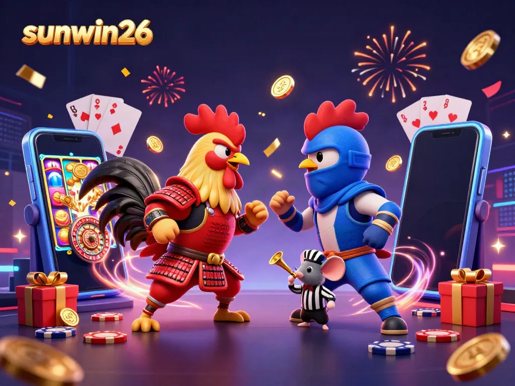 Experience the thrilling standoff of sunwin26's fighting roosters amidst colorful casino elements in a dynamic 3D illustration.