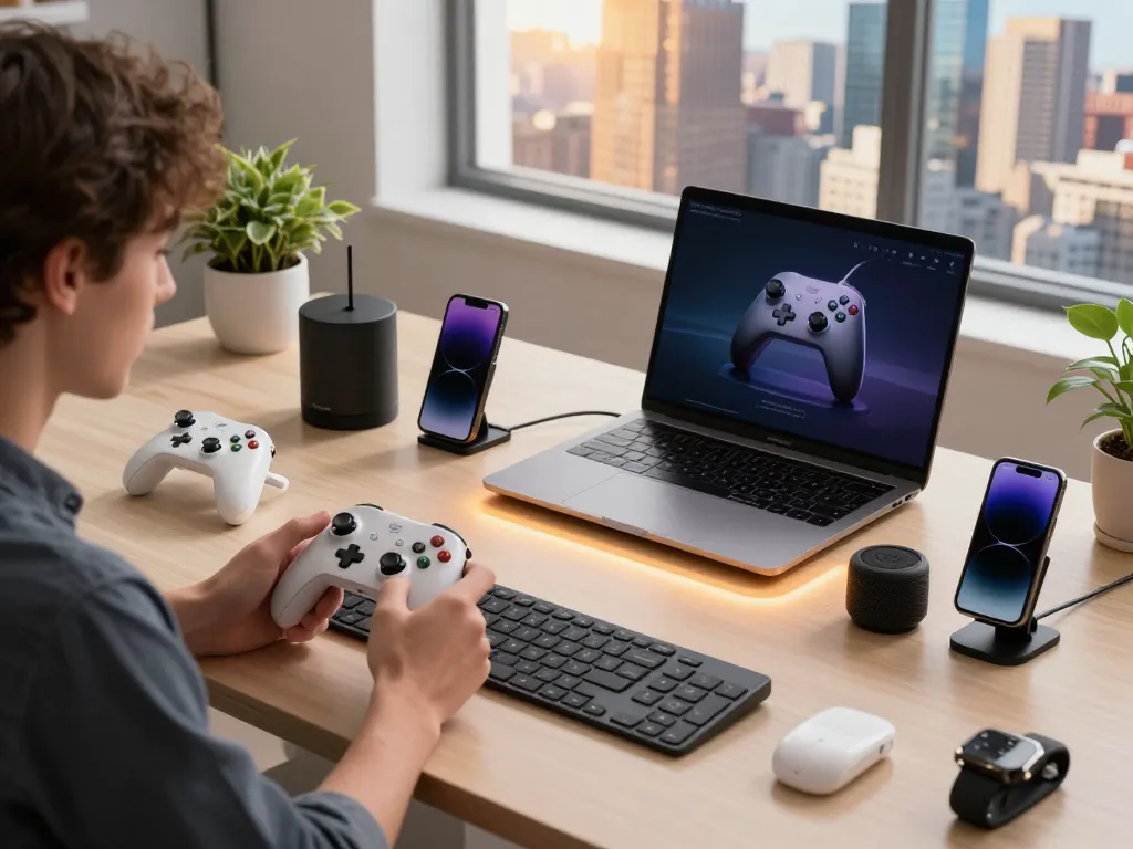 Exploring innovative tech gadgets in a modern workspace with Bluetooth controller, smartwatch, and compact keyboard.