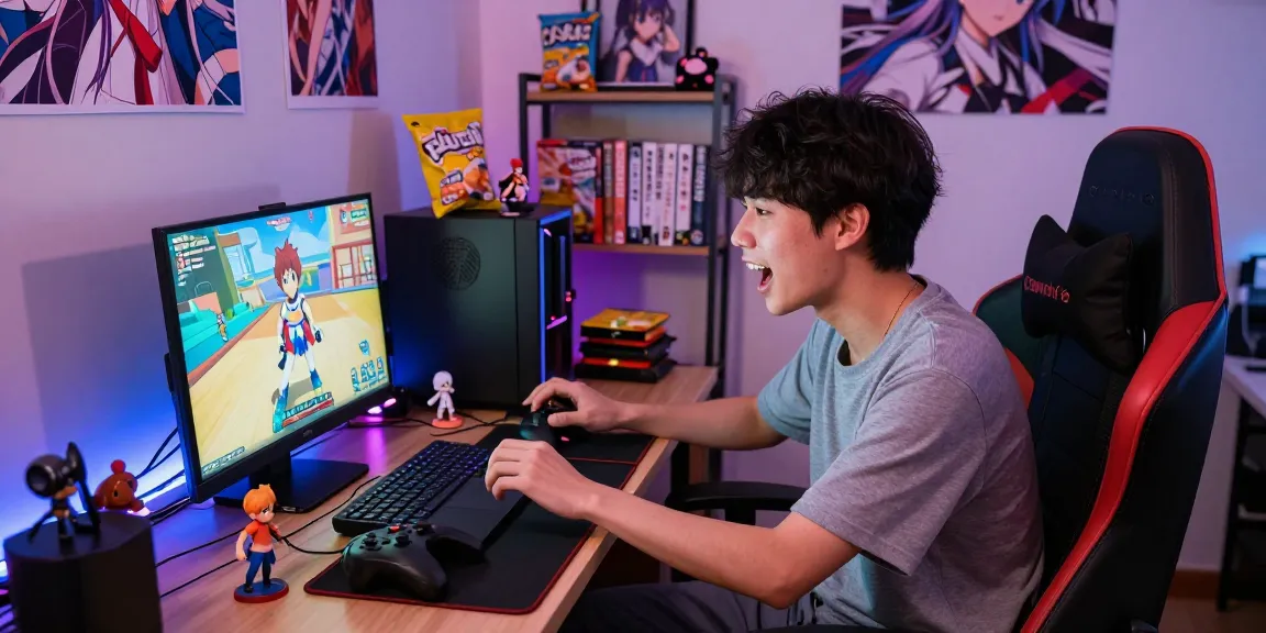 Engaged player experiencing an ecchi game in a vibrant gaming room filled with anime decor and dynamic lighting.