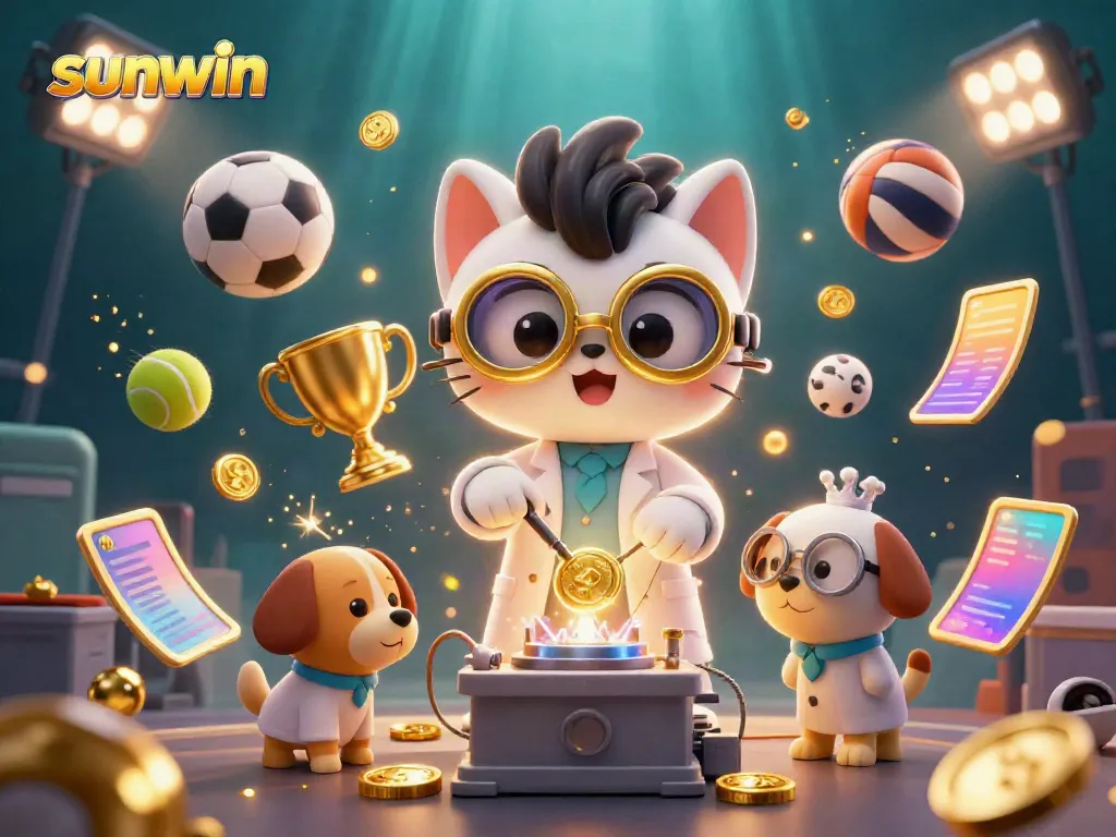 Experience exciting gaming with sunwin through vivid 3D illustrations of a mad scientist cat and loyal dog in a casino-themed adventure.
