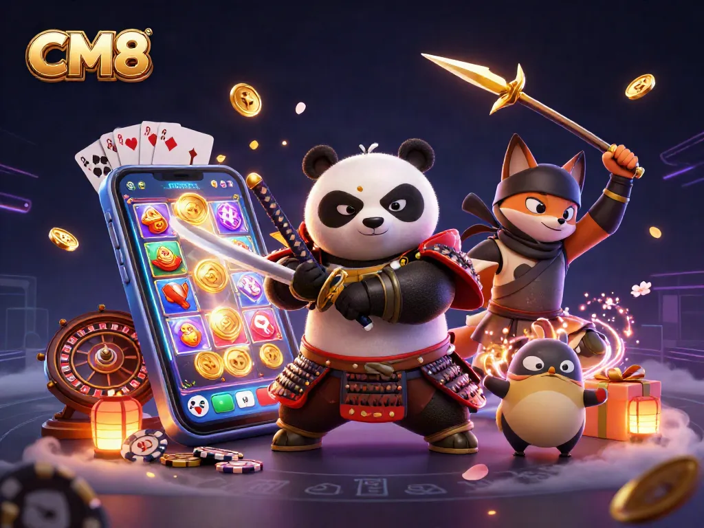 Engage in thrilling CM8 gaming with a dynamic illustration of samurai panda and ninja fox.