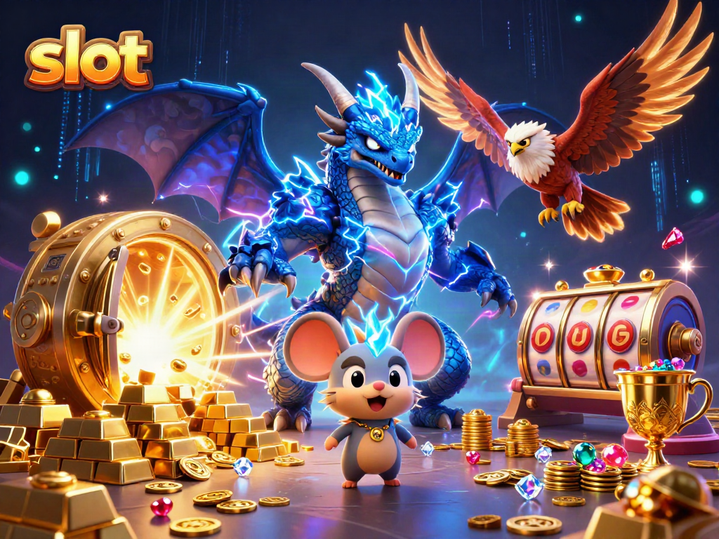 Spin the slot reels in this vibrant illustration featuring a thunder dragon and treasure.