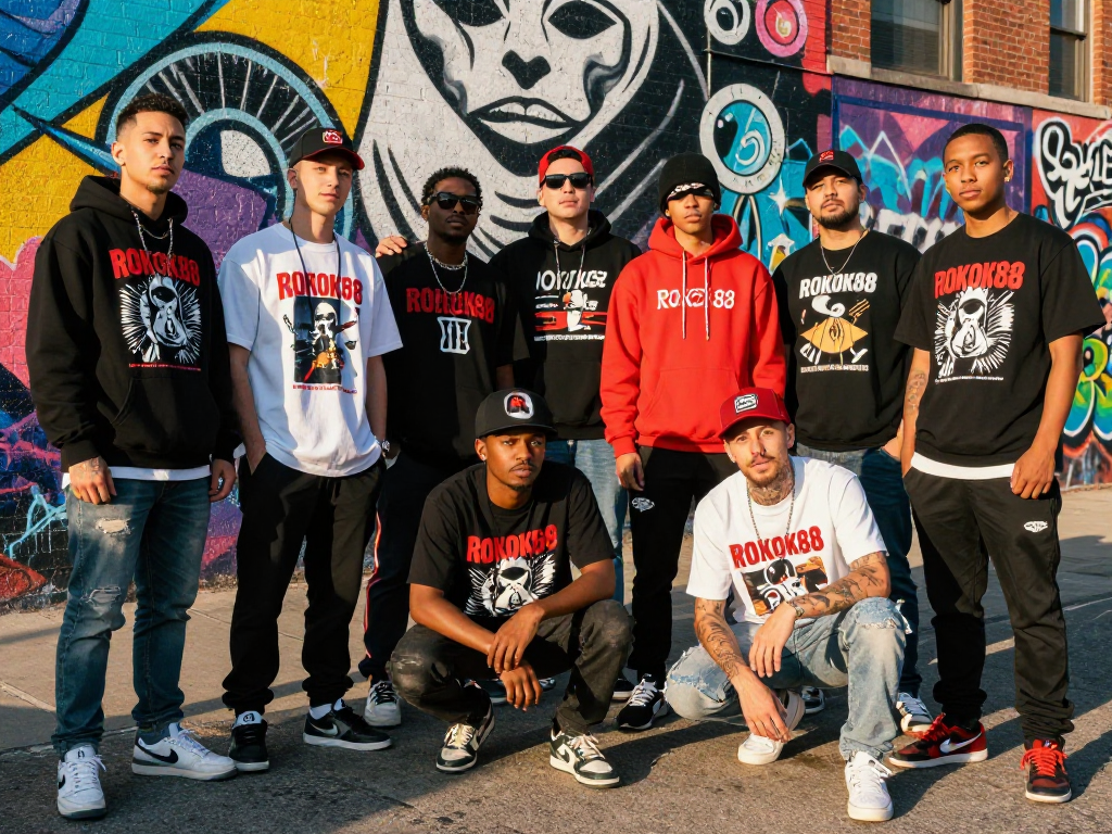 Fans showcasing exclusive ROKOK88 merchandise in an urban streetwear scene