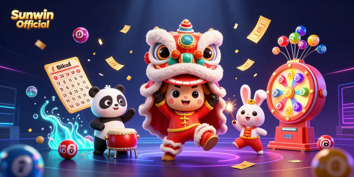 Engage in thrilling gameplay at Sunwin Official with a vibrant 3D depiction of lively characters, festive symbols, and dynamic gaming elements.