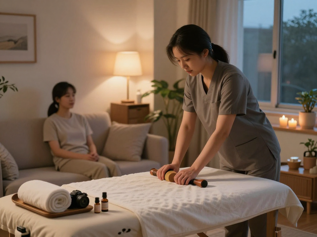 Experience 오산출장안마 in a calming home setting with a professional therapist preparing for a soothing massage session.