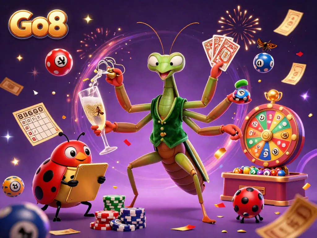 Engage with Go8's exhilarating casino atmosphere featuring a colorful lottery scene and dynamic characters.