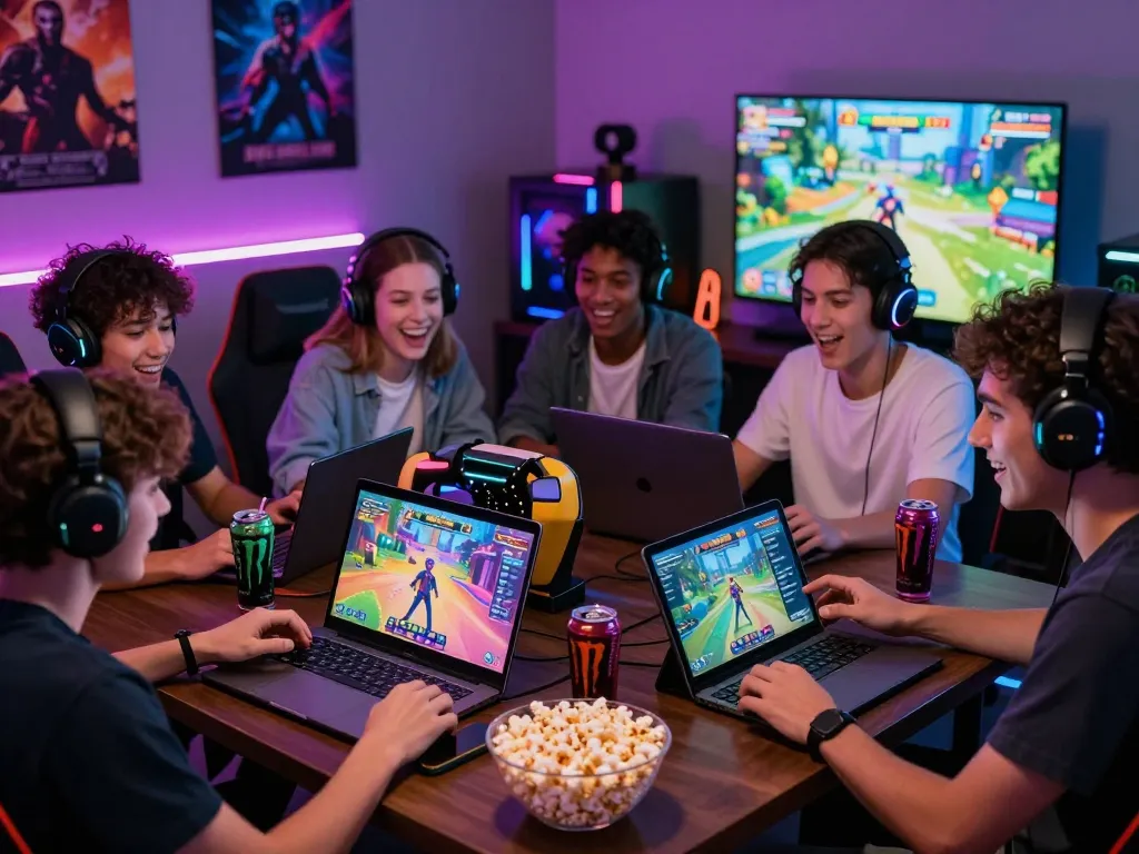 Friends enjoying gay porn games in a vibrant gaming setup with animated characters and lively atmosphere.