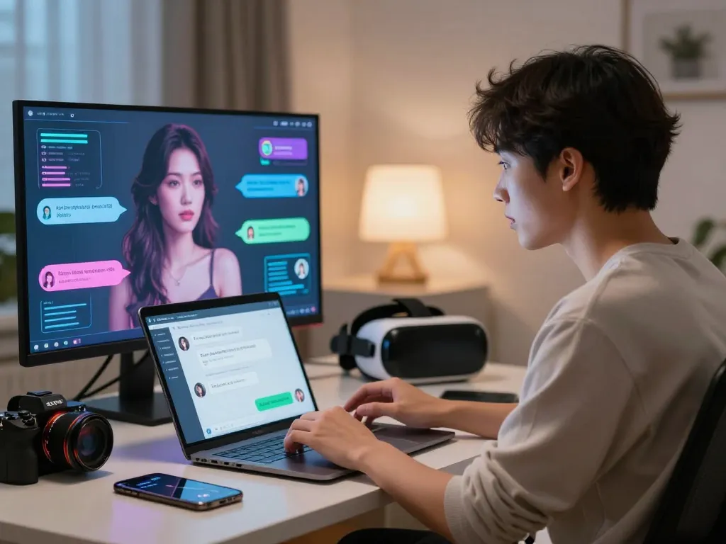 Engaging in ai sex chat with a virtual companion in a modern digital workspace.