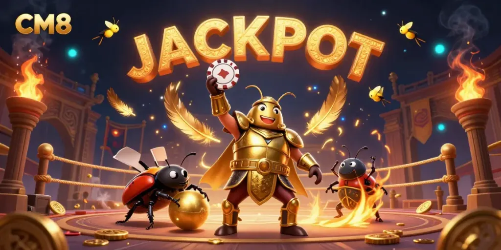 Experience the thrill of CM8 with a vibrant 3D illustration showcasing a victorious beetle champion in a dynamic casino setting.