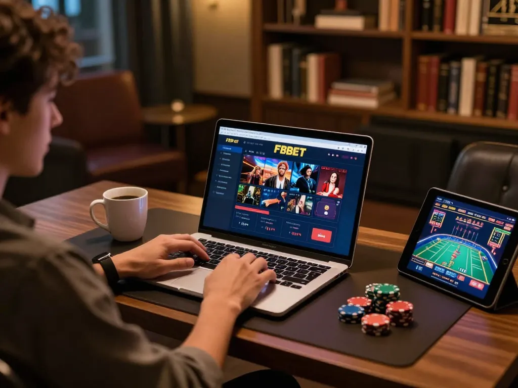 Experience thrilling online gaming with F8BET at a modern home setup, showcasing cozy surroundings and engaging interface.