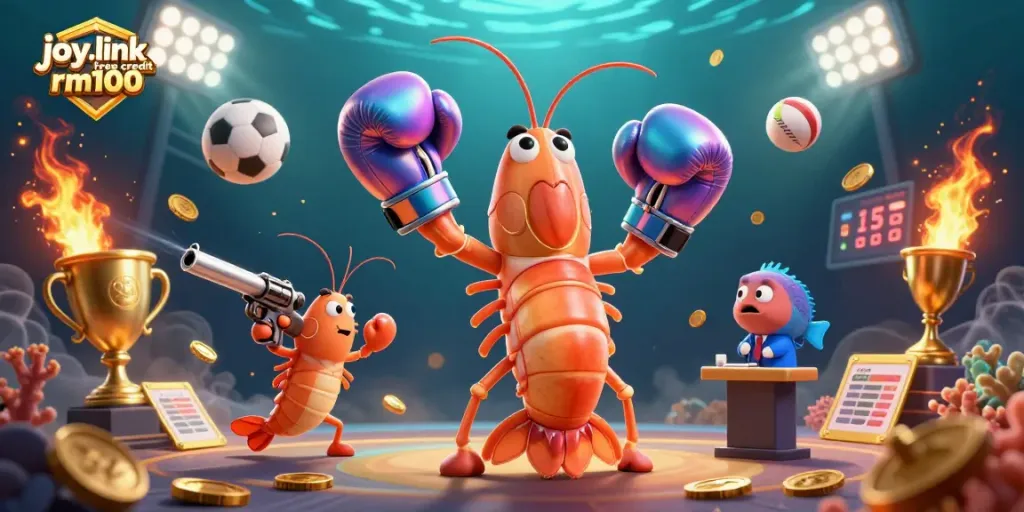 Win exciting games with joy.link free credit rm100 in a vibrant 3D sports betting illustration.