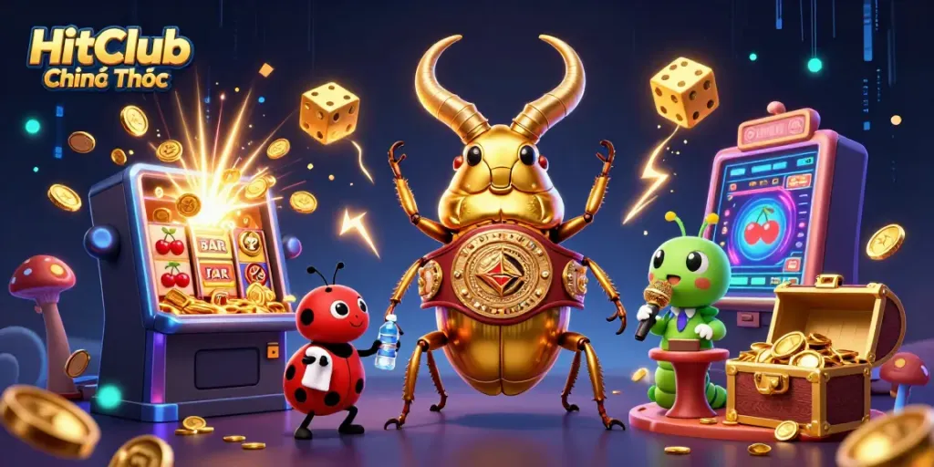Experience the excitement of HitClub Chính Thức through vibrant illustrations of a beetle champion and casino elements.