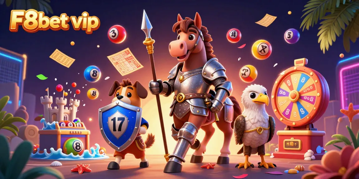 Experience thrilling gameplay with F8bet vip, featuring lottery fun and casino excitement in a dynamic illustration.
