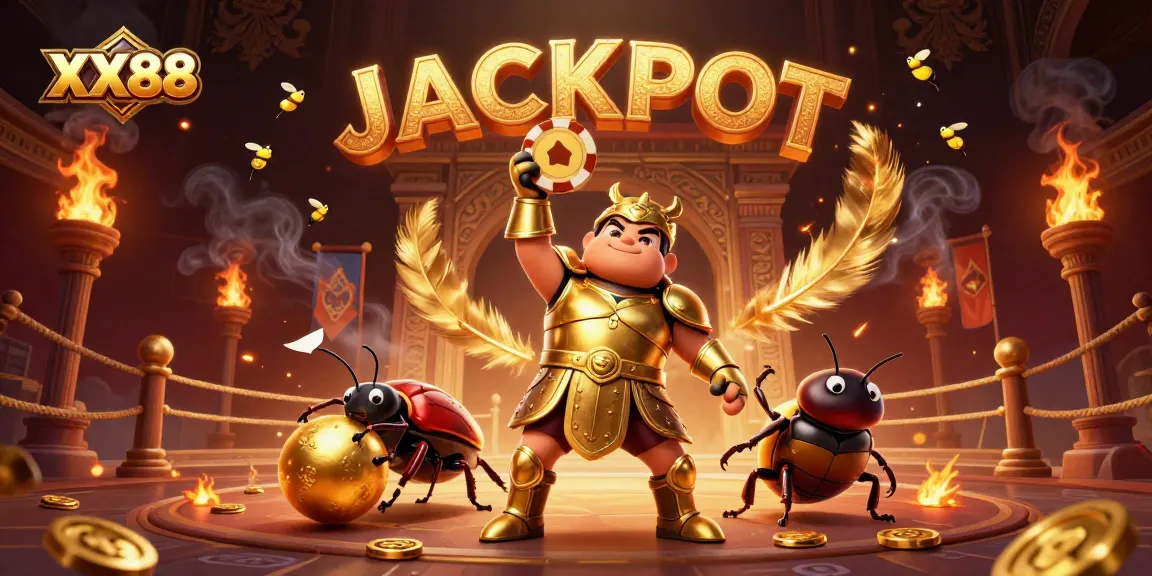 Experience the thrill of XX88 with a victorious beetle champion in a dynamic casino illustration.
